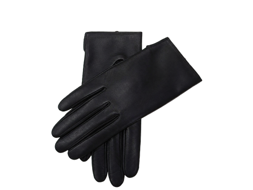 NexuSkin women's classic black Nappa leather touchscreen gloves, overlapping view