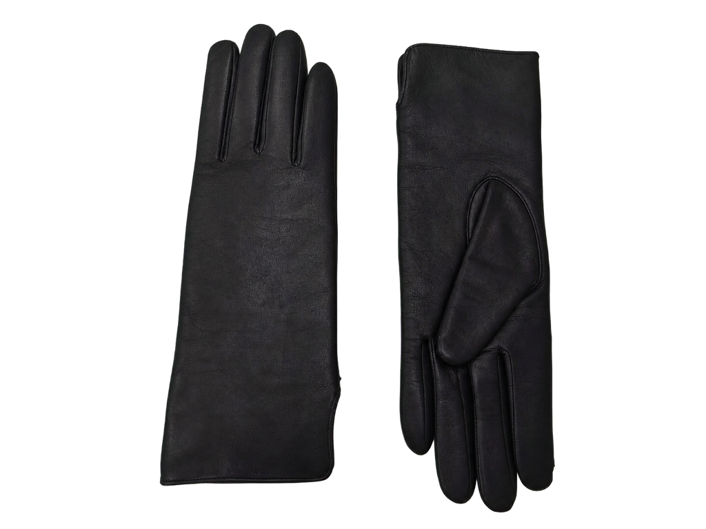NexuSkin women's long black leather touchscreen gloves, front and back view