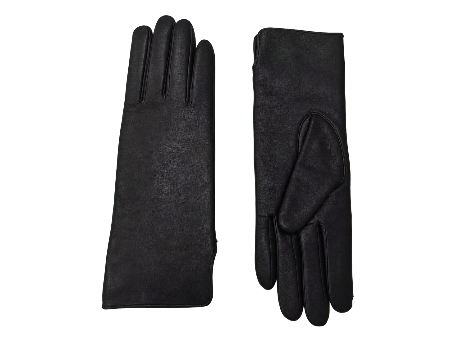 NexuSkin women's long black leather touchscreen gloves, front and back view